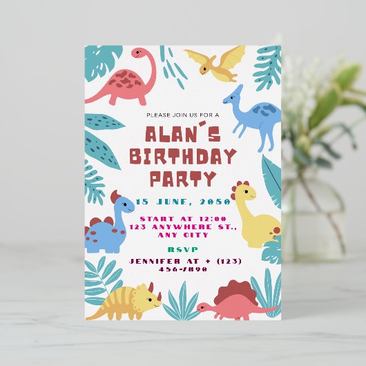 Cute Dinosaur Birthday Invitation 箔招待状 (立ち正面)