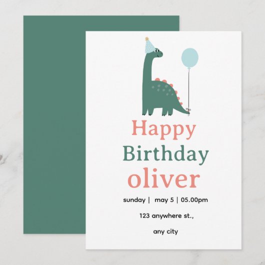 Cute Dinosaur Birthday Invitation for Kids, 招待状 (正面/裏面)
