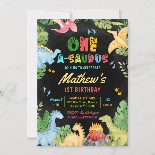 Cute Dinosaur Boy One-A-Saurus 1st Birthday 招待状 (正面)
