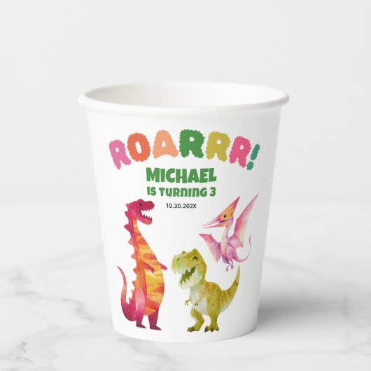 Cute Dinosaur Dig Watercolor Dino Kids Birthday  紙コップ (正面)