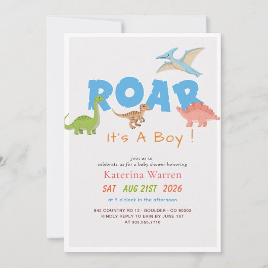 Cute Dinosaur Dino Baby Boy Baby Shower 招待状 (正面)
