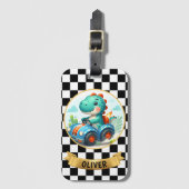 Cute Dinosaur Driving a Race Car ラゲッジタグ (正面縦)