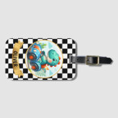 Cute Dinosaur Driving a Race Car ラゲッジタグ (正面横)