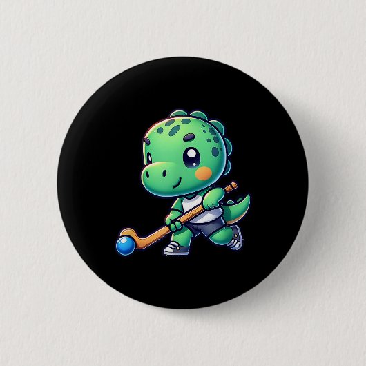 Cute Dinosaur Field Hockey Team Player  缶バッジ (正面)