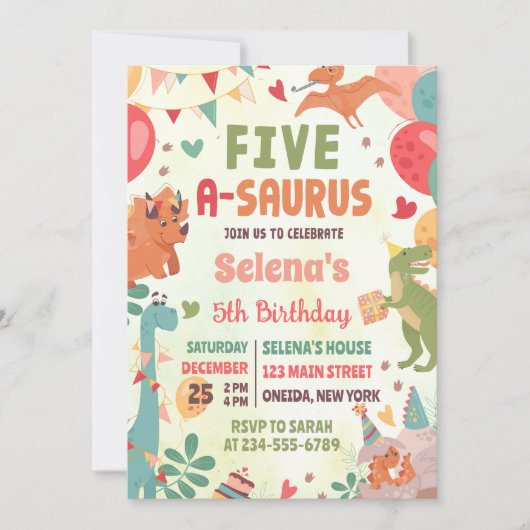 Cute Dinosaur Five-A-Saurus 5th Birthday Party 招待状 (正面)