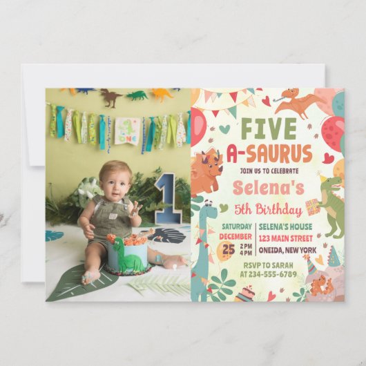 Cute Dinosaur Five-A-Saurus 5th Birthday Photo 招待状 (正面)