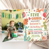 Cute Dinosaur Five-A-Saurus 5th Birthday Photo 招待状
