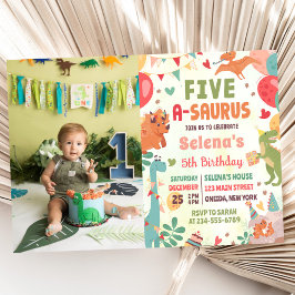 Cute Dinosaur Five-A-Saurus 5th Birthday Photo 招待状