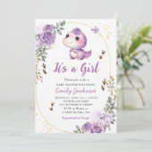 Cute Dinosaur It's a Girl Boho Floral Baby Shower  招待状 (スタンド正面)