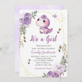 Cute Dinosaur It's a Girl Boho Floral Baby Shower  招待状 (正面/裏面)