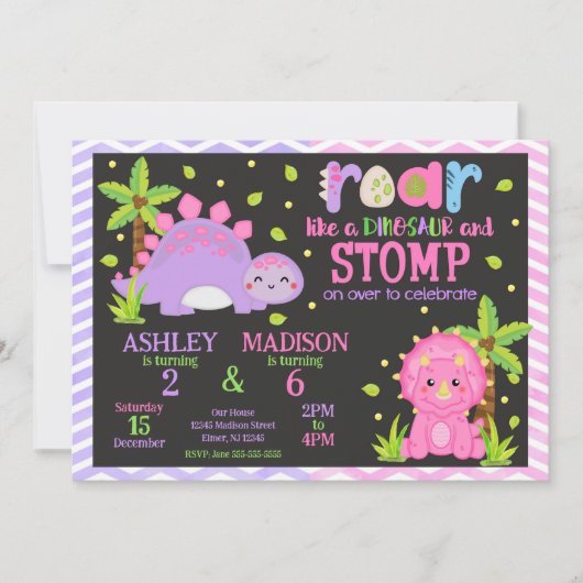 Cute Dinosaur Joint Birthday  招待状 (正面)