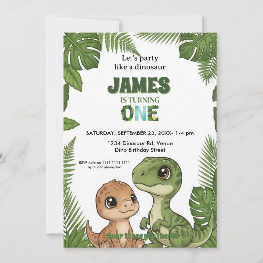Cute Dinosaur Jungle First Birthday Invitation 招待状 (正面)