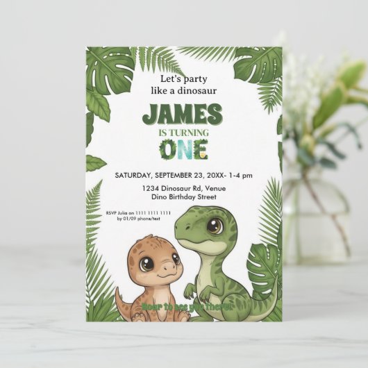 Cute Dinosaur Jungle First Birthday Invitation 招待状 (スタンド正面)