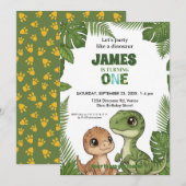 Cute Dinosaur Jungle First Birthday Invitation 招待状 (正面/裏面)