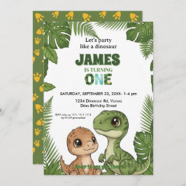 Cute Dinosaur Jungle First Birthday Invitation 招待状