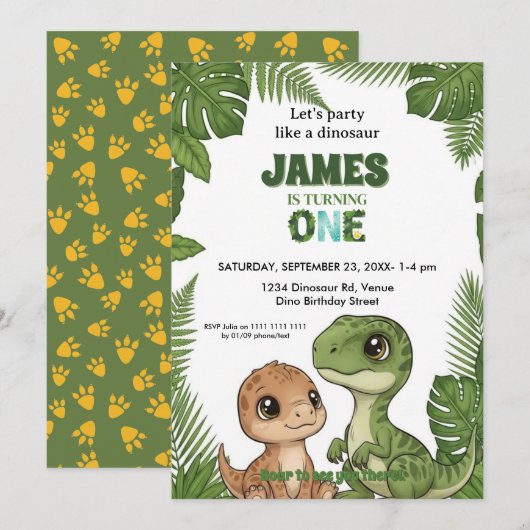 Cute Dinosaur Jungle First Birthday Invitation 招待状 (正面/裏面)