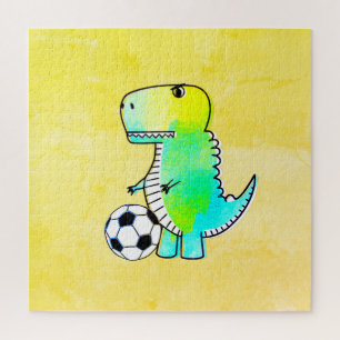 Cute Dinosaur Loves Soccer Watercolor ジグソーパズル