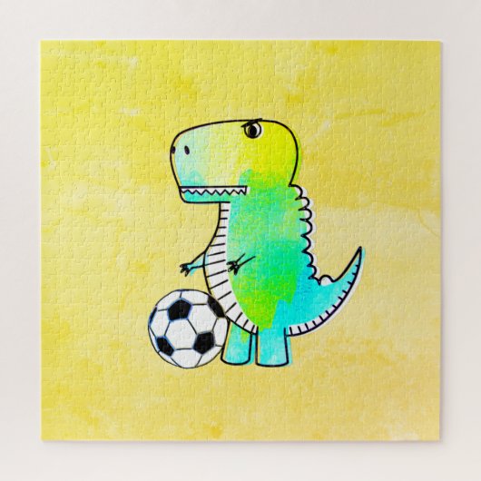 Cute Dinosaur Loves Soccer Watercolor ジグソーパズル (縦)