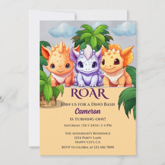 Cute Dinosaur Party a Dino Bash 1st birthday 招待状 (正面)