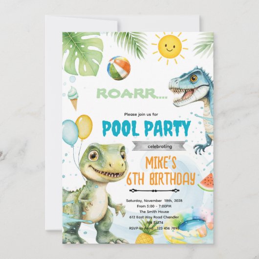 Cute dinosaur pool theme invitation 招待状 (正面)