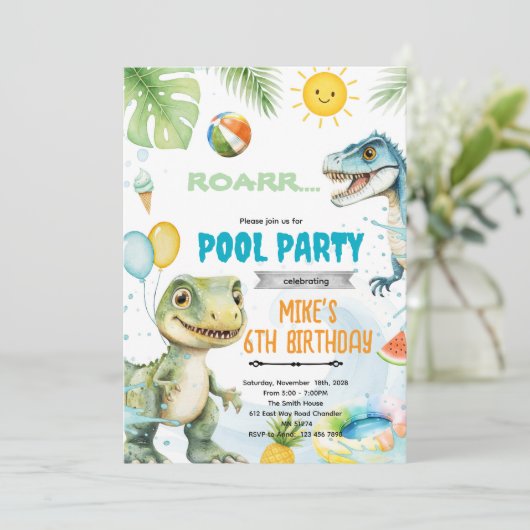Cute dinosaur pool theme invitation 招待状 (スタンド正面)