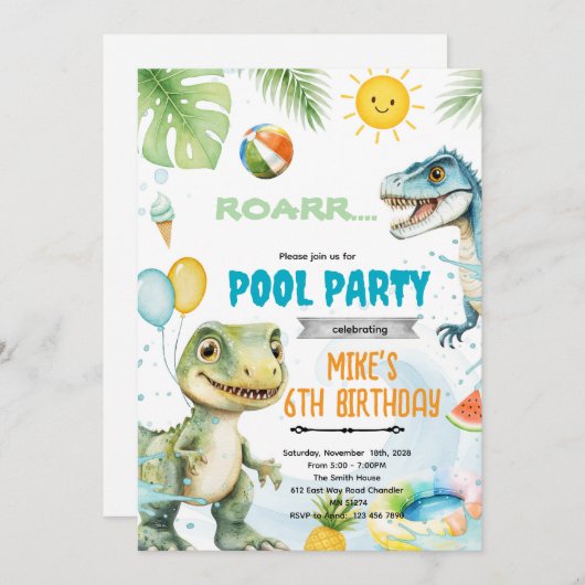 Cute dinosaur pool theme invitation 招待状 (正面/裏面)