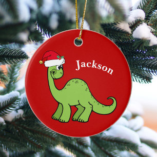Cute Dinosaur Santa Claus Hat Red Kids Christmas セラミックオーナメント