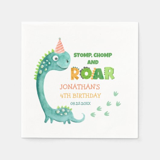 Cute Dinosaur Stomp Chomp Roar Birthday スタンダードカクテルナプキン (正面)