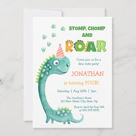 Cute Dinosaur Stomp Chomp Roar Birthday 招待状 (正面)
