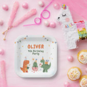 Cute Dinosaur T-rex 4th Birthday Paper Plates ペーパープレート (パーティー)