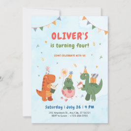 cute dinosaur t-rex kids 4th Birthday Invitation   招待状
