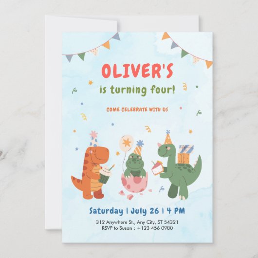 cute dinosaur t-rex kids 4th Birthday Invitation 招待状 (正面)