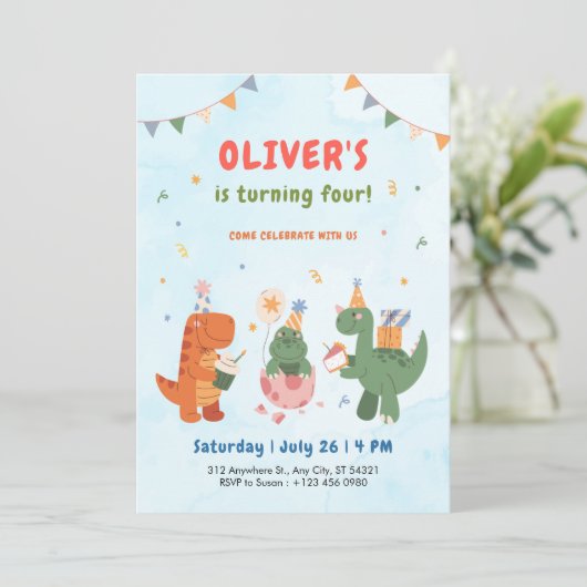 cute dinosaur t-rex kids 4th Birthday Invitation   招待状 (スタンド正面)