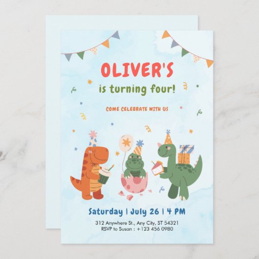 cute dinosaur t-rex kids 4th Birthday Invitation 招待状 (正面/裏面)
