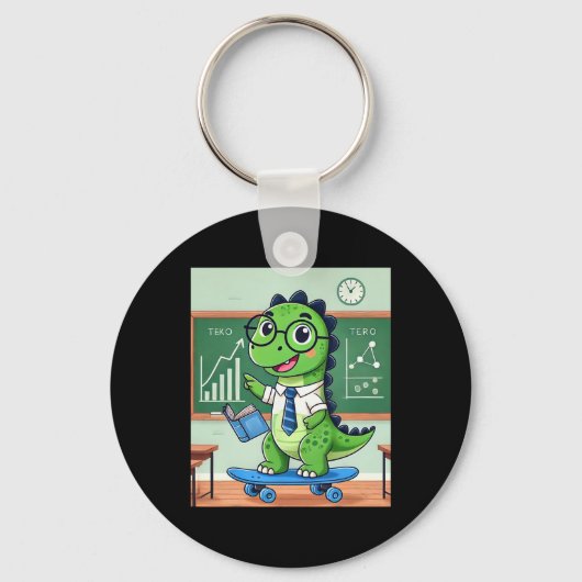 Cute Dinosaur Teacher Skateboarding In The Clroom  キーホルダー (正面)