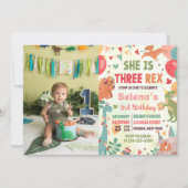 Cute Dinosaur Three Rex 3rd Birthday Party Photo 招待状 (正面)