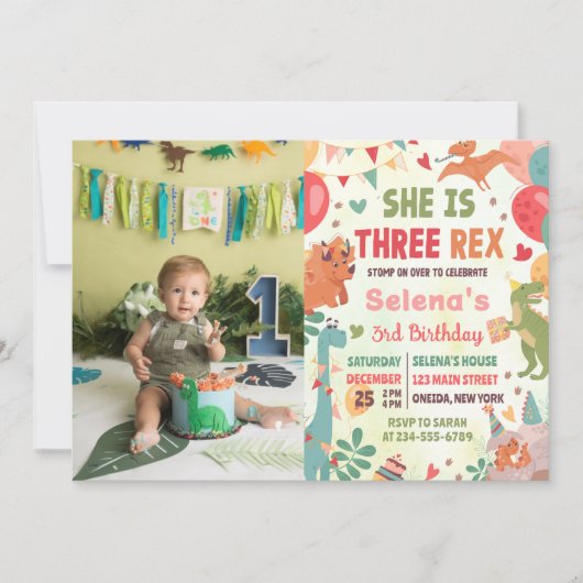 Cute Dinosaur Three Rex 3rd Birthday Party Photo  招待状 (正面)