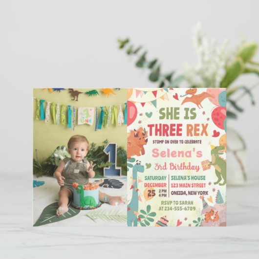 Cute Dinosaur Three Rex 3rd Birthday Party Photo  招待状 (スタンド正面)