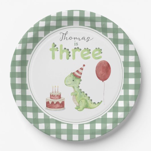 Cute Dinosaur Three-rex Birthday ペーパープレート (正面)