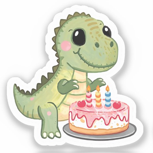 Cute Dinosaur with Birthday Cake Sticker シール (正面)