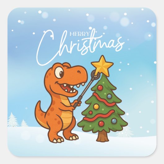 Cute dinosaur with Christmas tree スクエアシール (正面)