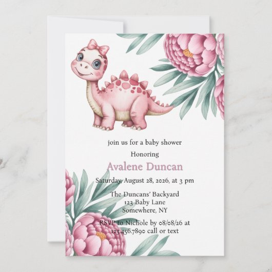 Cute Dinosaur with Pink Peony Girl Baby Shower 招待状 (正面)