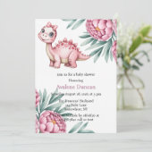 Cute Dinosaur with Pink Peony Girl Baby Shower 招待状 (スタンド正面)