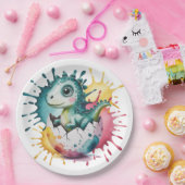 Cute Dinosaur with Watercolor Splash Baby Shower ペーパープレート (パーティー)