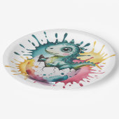 Cute Dinosaur with Watercolor Splash Baby Shower ペーパープレート (アングル)