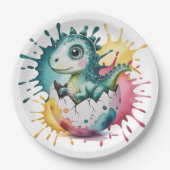 Cute Dinosaur with Watercolor Splash Baby Shower ペーパープレート (正面)