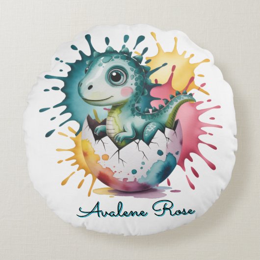 Cute Dinosaur with Watercolor Splash Baby Shower ラウンドクッション (正面)