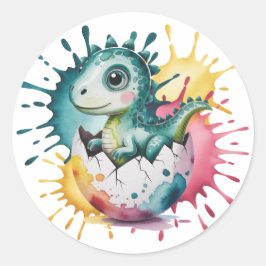 Cute Dinosaur with Watercolor Splash Baby Shower ラウンドシール