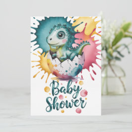Cute Dinosaur with Watercolor Splash Baby Shower 招待状