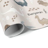 Cute Dinosaurs Footprints & Custom Name Beige ラッピングペーパー (ロールコーナー)